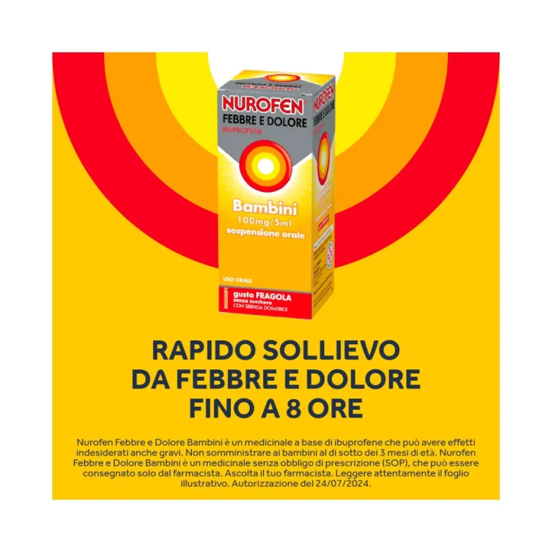 Nurofen Febbre e Dolore Bambini 100 mg/5 ml Ibuprofene Indicato per Febbre Dolori ai Denti e Muscolari Sospensione Orale Fragola 150 ml