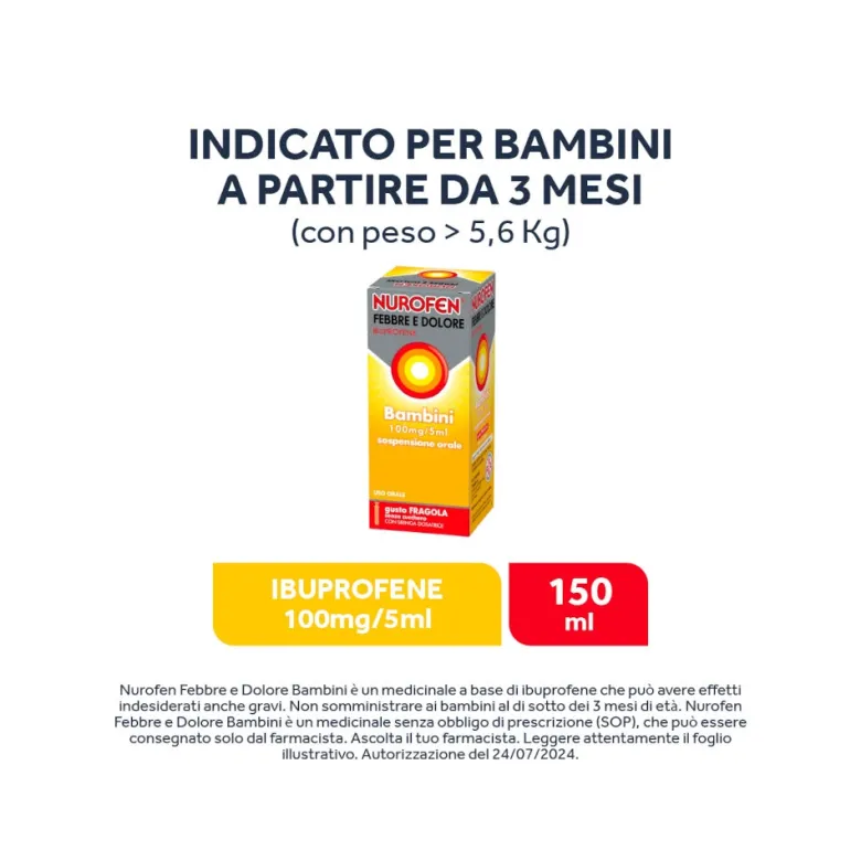 Nurofen Febbre e Dolore Bambini 100 mg/5 ml Ibuprofene Indicato per Febbre Dolori ai Denti e Muscolari Sospensione Orale Fragola 150 ml
