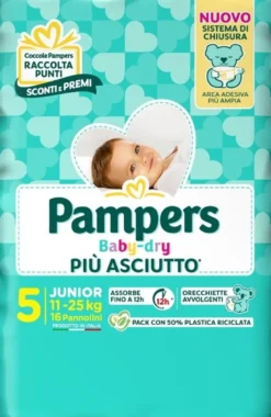 Pampers Babydry Taglia 5 Junior (11-25 Kg) 16 Pezzi