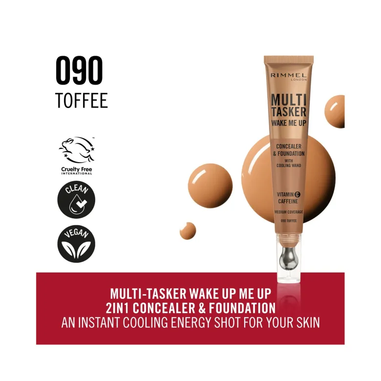 Rimmel Multi-tasker Wake Me Up Correttore & Fondotinta Formula Vegana 090 Toffee 20ml