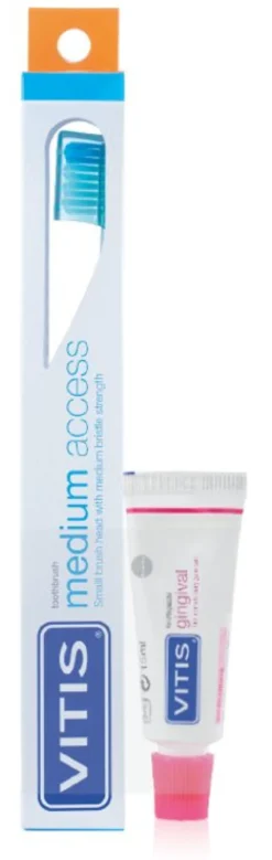 Vitis Medium Access Spazzolino per rimozione placca 1 pezzo colori assortiti+ Dentifricio Gingival 1