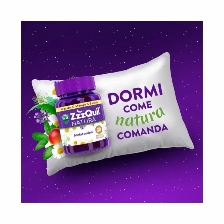 ZzzQuil NATURA Per Dormire 30 Gommose Mango Banana con Melatonina Camomilla Valeriana Lavanda