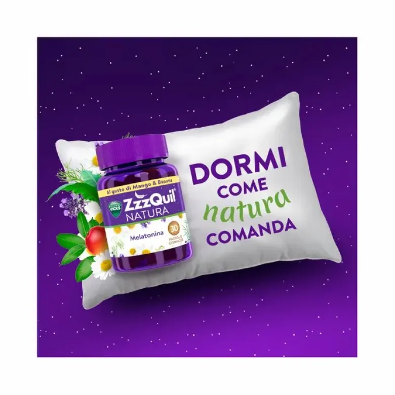 ZzzQuil NATURA Per Dormire 30 Gommose Mango Banana con Melatonina Camomilla Valeriana Lavanda